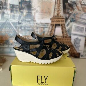 Fly London Black Lace up Wedge Yapi Sandals Off White Sole Womens EU 38 US 7.5-8